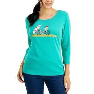 Karen Scott Green Printed Glitter Bike & Surfboard Top -XS